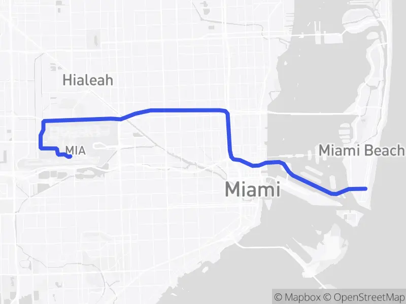 Map of the drive from MIA to South Beach